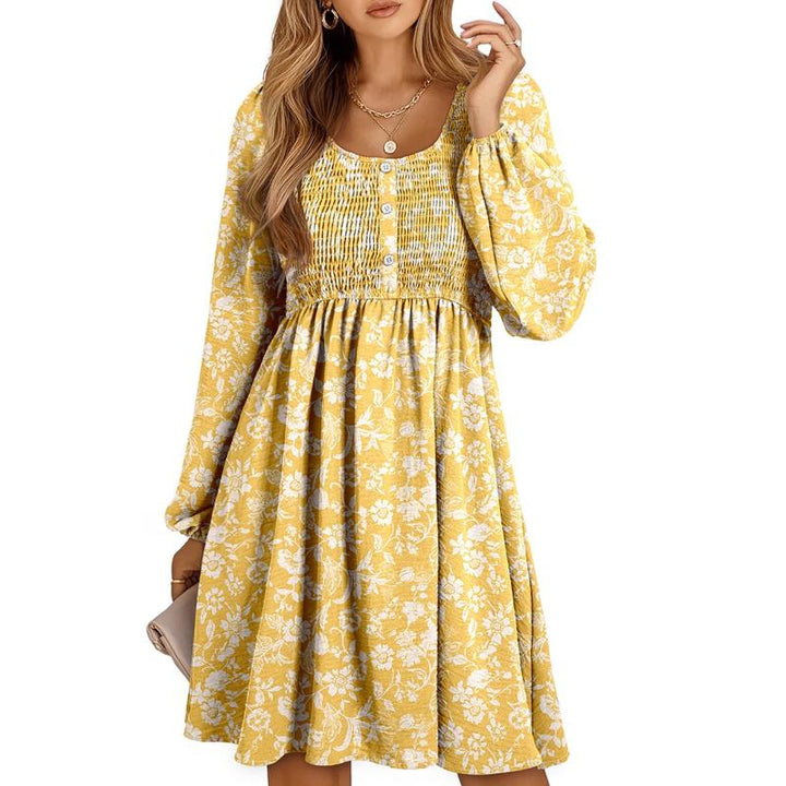 Saraya | Casual Smocked Empire Waist A-Line Dress with Button-Up Detail