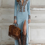 Ophela | Western Half-Zip Embroidered Faux Suede Fringe Maxi Dress
