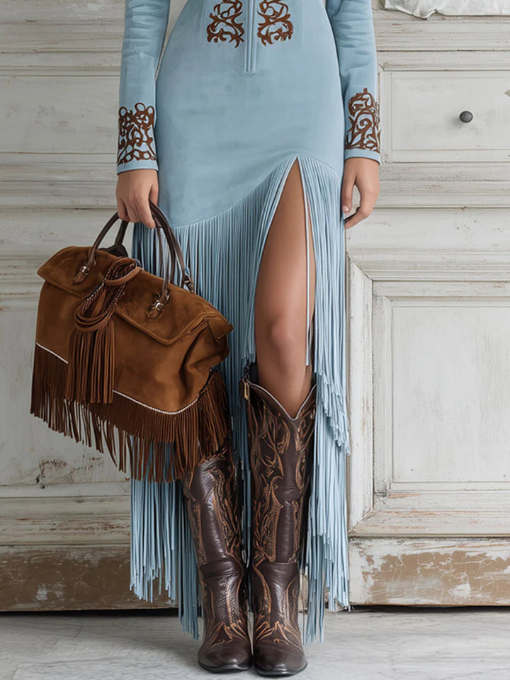 Ophela | Western Half-Zip Embroidered Faux Suede Fringe Maxi Dress