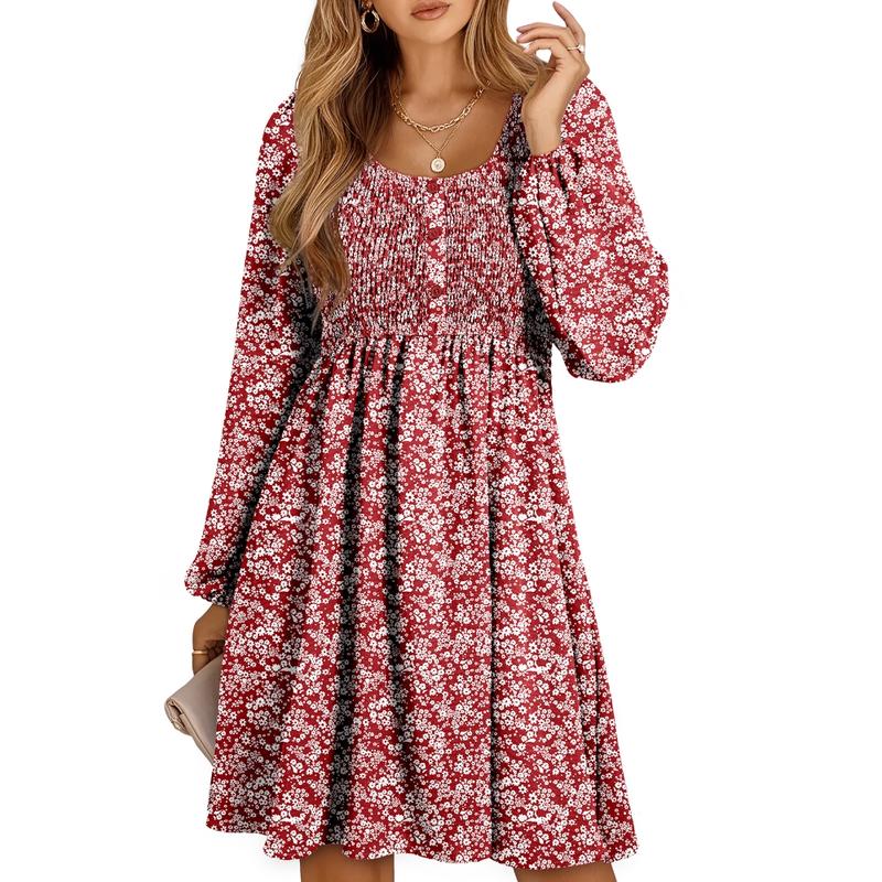 Saraya | Casual Smocked Empire Waist A-Line Dress with Button-Up Detail