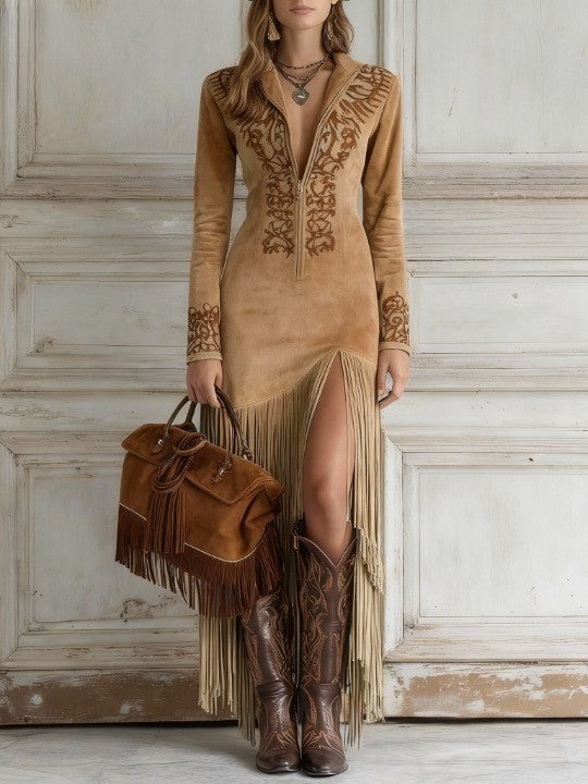 Ophela | Western Half-Zip Embroidered Faux Suede Fringe Maxi Dress